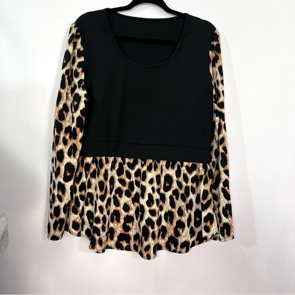 Tops - Leopard Cheetah Animal Print On Black Peplum Long Sleeve top sz XL